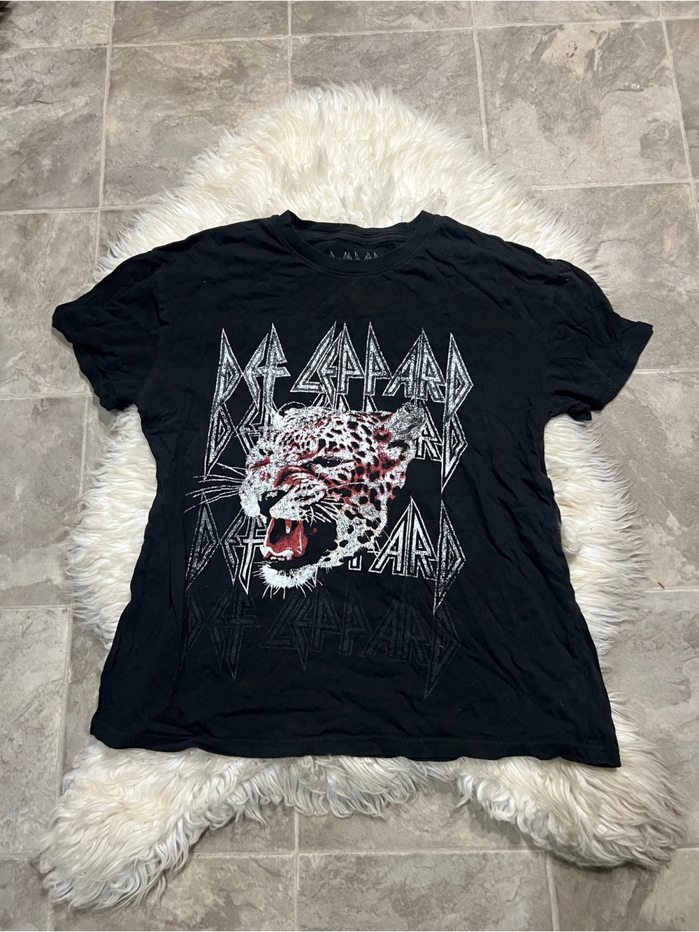 Def Leppard Band Black Graphic Tee with Leopard Print